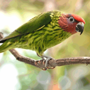 A Goldie's Lorikeet perches on a branch