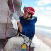 A researcher climbs a cliff where Patagonian Conures nest